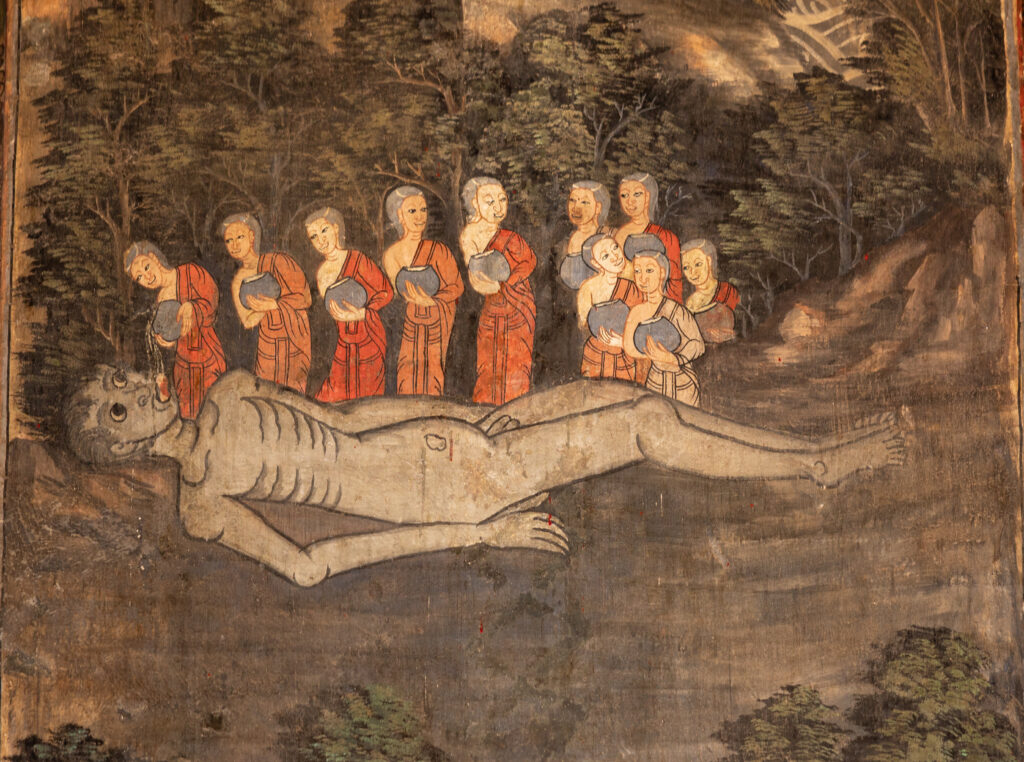 ภาพวาดจิตรกรรมฝาผนังบอกเล่าเรื่องราวเกี่ยวกับผีเปรต